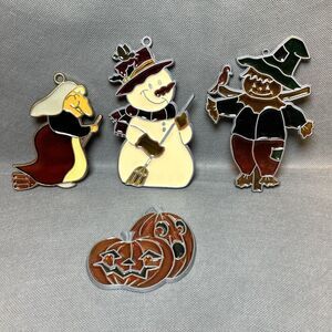 Lot 4 Suncatchers Vintage Halloween/Christmas Metal Stained Glass Retro